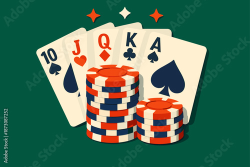 Poker hand with royal flush and poker chips on green surface