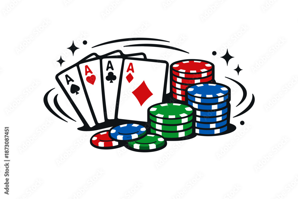 Obraz premium Poker hand and colorful casino chips with four aces