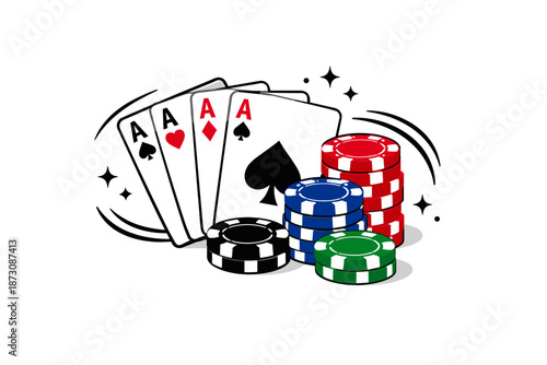 Poker winning hand with four aces and colorful chips sparkling