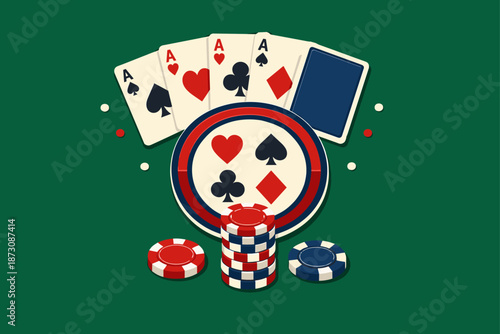 Poker cards and chips on green felt background with four aces and poker chips