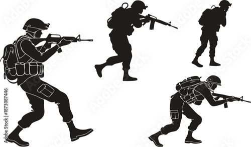 Black vector illustration of army military soldiers and snipers in action with rifles and weapons as silhouettes of men in war