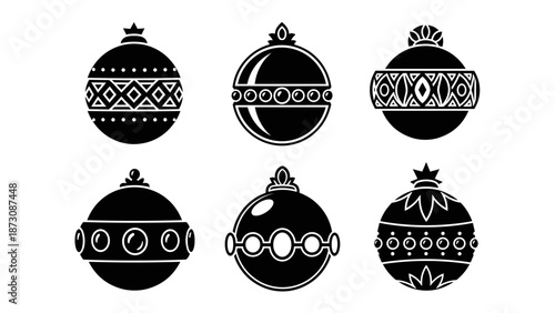 Collection of Six Black Christmas Ornaments with Decorative Patterns.