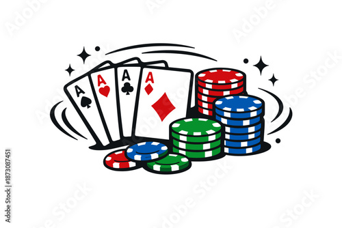Poker hand and colorful casino chips with four aces
