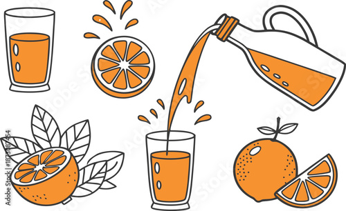 A set of fresh citrus illustrations featuring a cold glass of orange juice with fruit slices and a straw, creating a healthy tropical summer drink design