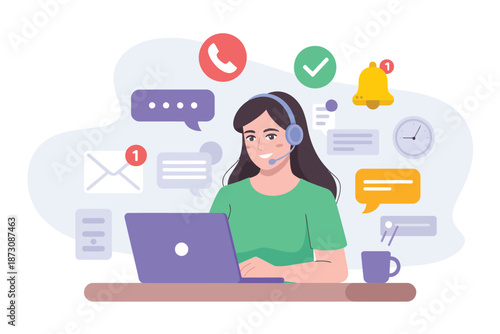 Customer service agent working with a laptop and headset