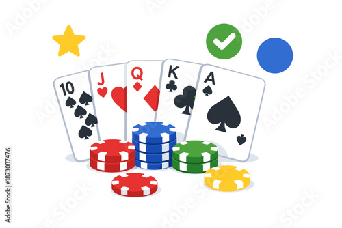 Playing cards and colorful poker chips with symbols of luck and success
