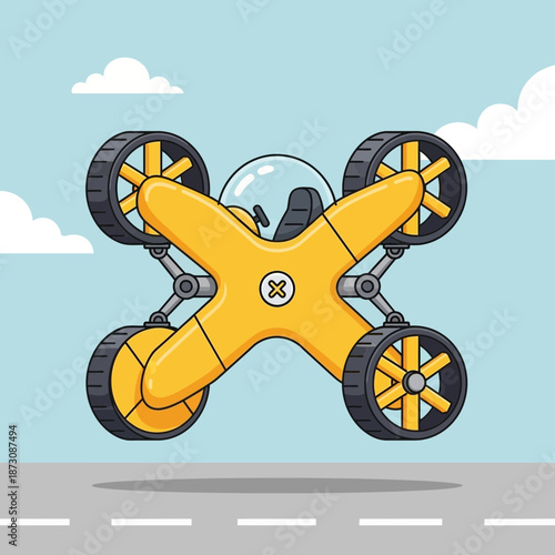 Conceptual Flying Car Hovering Above The Road