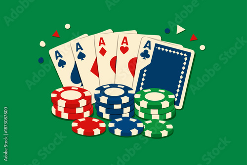 Poker game with cards and colorful chips on green background
