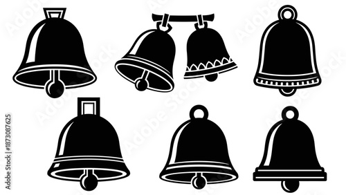 Collection of Six Black Bell Icons Vector Illustration.
