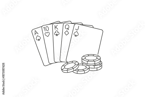 Black and white poker hand with chips - ace, king, queen, jack, ten of clubs