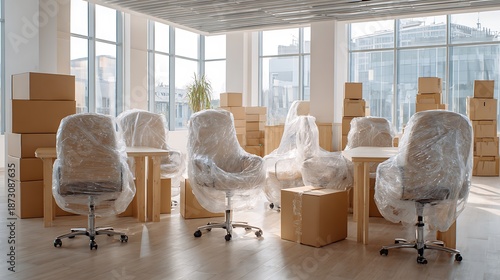 Interior shot of a room with furniture wrapped in plastic, surrounded by cardboard boxes