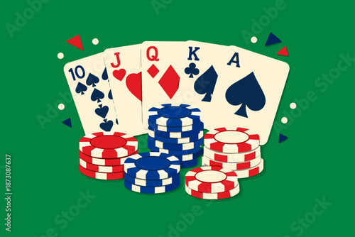 Poker hand with playing cards and casino chips on green background