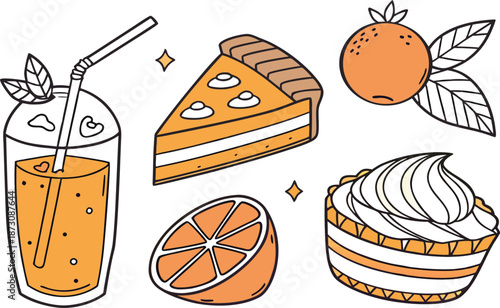 Vector illustration set of ice cream icons featuring sweet chocolate desserts and bakery items like cake, bread, and croissants for a breakfast meal or coffee drink menu