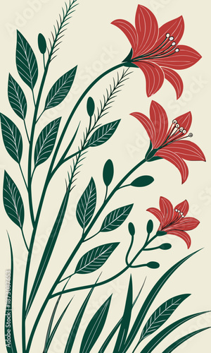 Elegant Red Lily Illustration with Green Foliage.