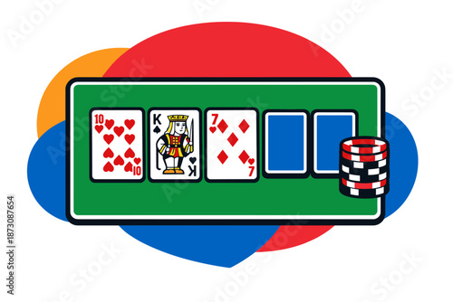 Poker hand with playing cards and chips on colorful background