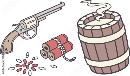An old wooden barrel of beer and wine sits next to a metal barrel with a dangerous revolver handgun isolated on a white background as a vector illustration of military weapon security