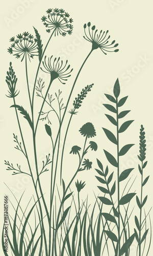 Elegant Silhouette of Wild Plants and Grasses Illustration.