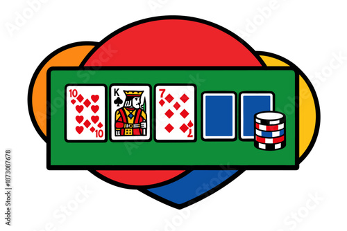 Colorful poker table with playing cards and chips