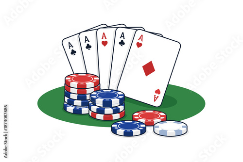 Winning poker hand with four aces and colorful chips on green felt