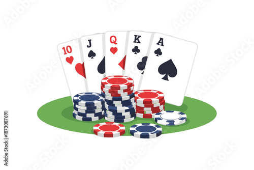 Poker chips and playing cards: casino gambling setup with spades in focus