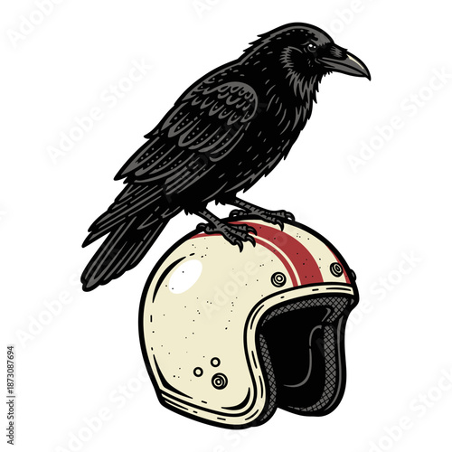 Black crow perched on a vintage motorcycle helmet with red stripes.