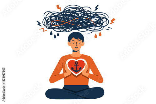 Asian young male meditating with heart symbol amid stressful chaos
