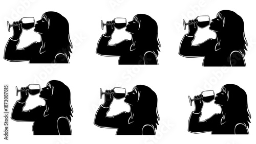 Woman Drinking Wine Silhouette Series.