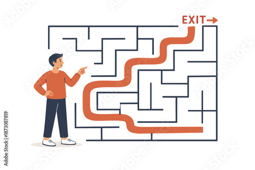 Young asian male solving maze puzzle with clear path to exit