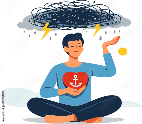 Young caucasian male finding balance amidst life’s challenges and positivity