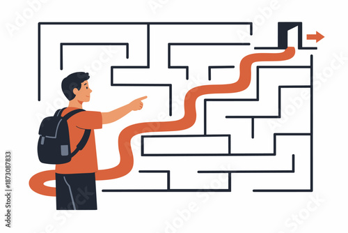 Male teen's journey through maze with backpack and path to exit