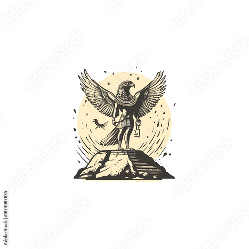 Ancient Egyptian god Horus with falcon head standing on a rock vintage illustration