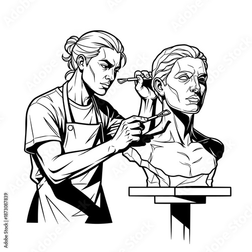 Sculptor crafting a detailed bust, showcasing artistic skill and dedication.