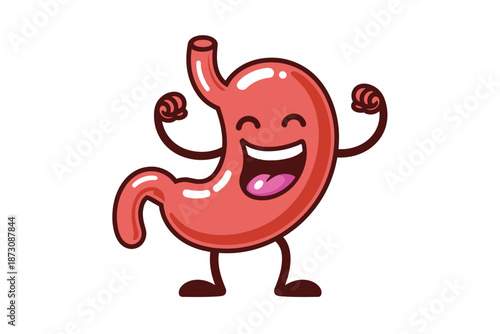 A smiling cartoon stomach flexing its muscles with joy.