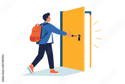 Young male unlocking door to knowledge with book key
