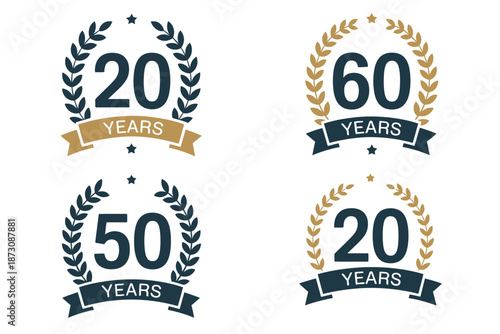 Collection of anniversary badges for 20, 50, and 60 years.