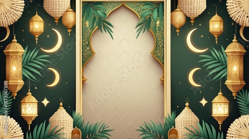 Festive Eid al-Fitr Greeting Background with Golden Ornate Frame and Lanterns