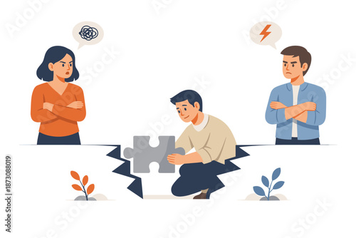 Male asian young solving conflict between female and male adults with puzzle piece