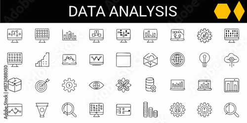Data analysis icons representing various aspects of information processing and insights