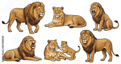 Collection of majestic lions and lionesses showcasing various poses and interactions, highlighting their powerful and graceful nature