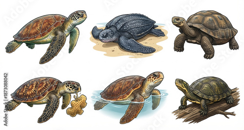 Diverse Collection of Six Illustrations Showcasing Various Species of Turtles in Their Natural Habitats