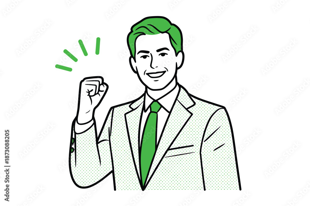 Fototapeta premium A man in a suit celebrates success with a fist pump.
