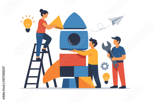 Team building a rocket with creative ideas and collaboration