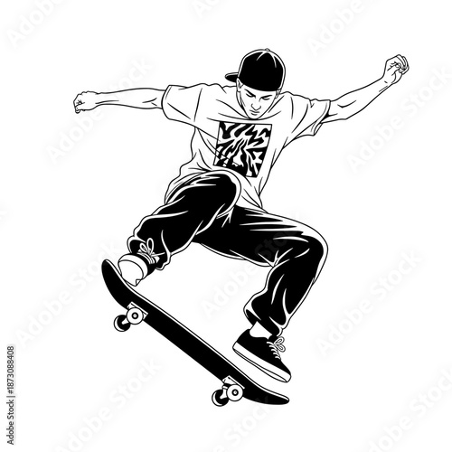 Dynamic Skateboarder Performing an Ollie Trick in Mid-Air.