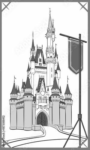 Majestic Castle Illustration with Banner and Detailed Architecture.
