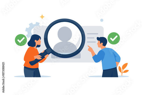 Teamwork in profile verification process with male and female characters