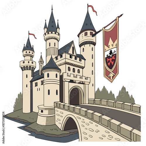Majestic Castle with Bridge and Banner Illustration.