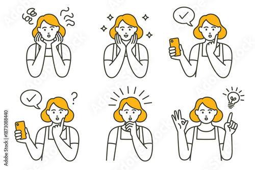 Woman displays a range of emotions and thoughts while using a smartphone.