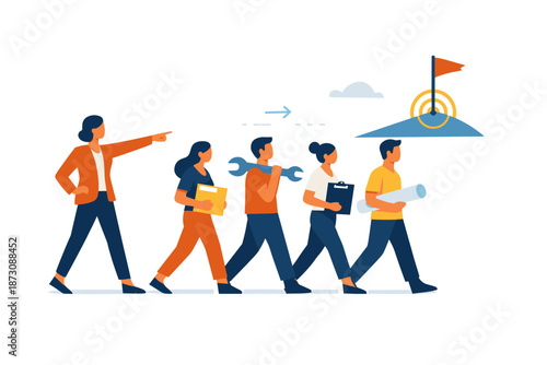 Diverse team working towards business goals with determined female leader