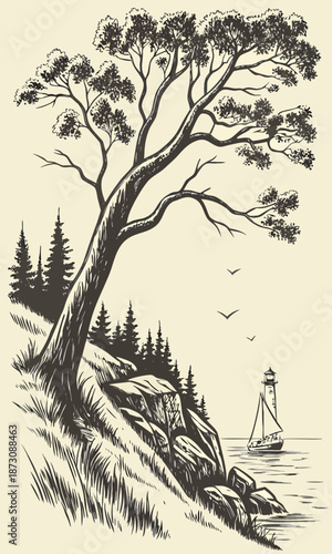 Monochrome Landscape with Tree Rocks and Sailboat Illustration.