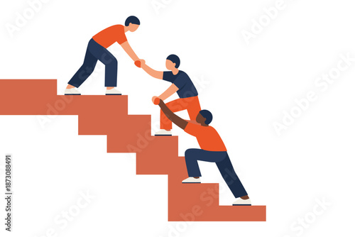 Teamwork concept with diverse individuals helping each other climb steps